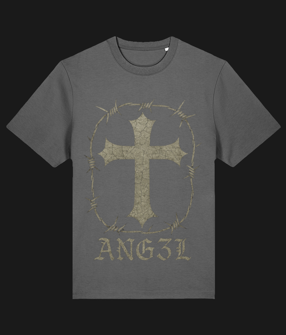 ANG3L Barbed Cross Oversized T-Shirt in anthracite acid wash with bold gold barbed wire cross graphic and ANG3L logo.
