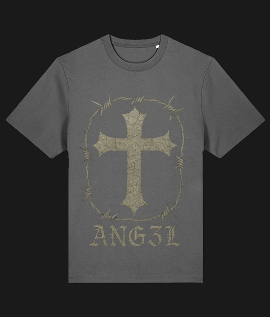 ANG3L Barbed Cross Oversized T-Shirt in anthracite acid wash with bold gold barbed wire cross graphic and ANG3L logo.
