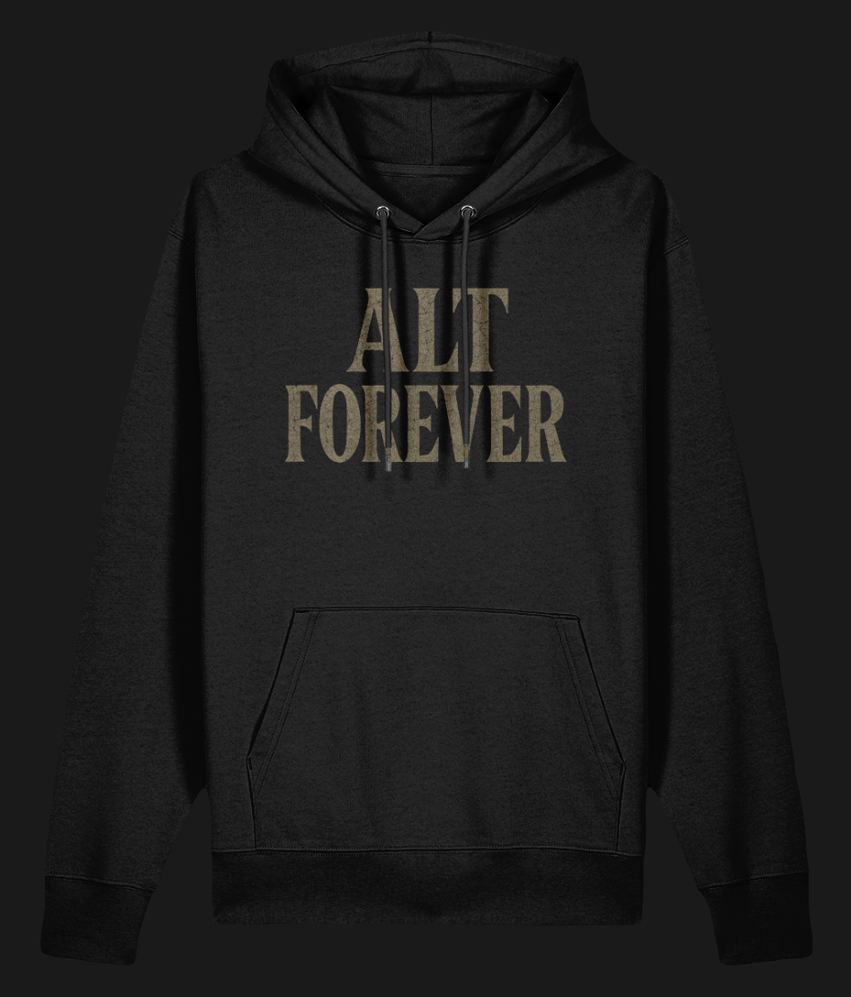 ALT FOREVER Hoodie in black – oversized alt streetwear with bold gothic text graphic. 