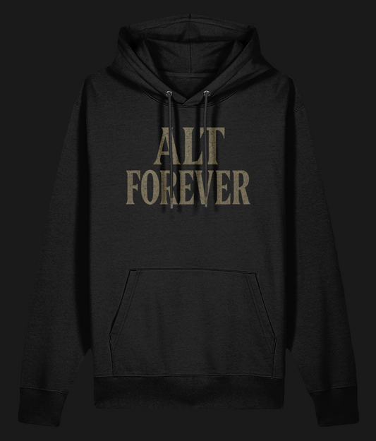 ALT FOREVER Hoodie in black – oversized alt streetwear with bold gothic text graphic. 