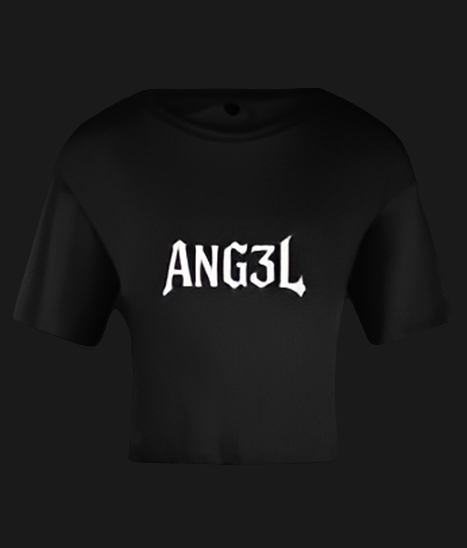 Black ANG3L Autumn Crop Top with bold white ANG3L logo printed on the front.

