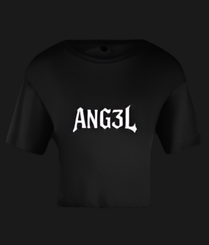Black ANG3L Autumn Crop Top with bold white ANG3L logo printed on the front.
