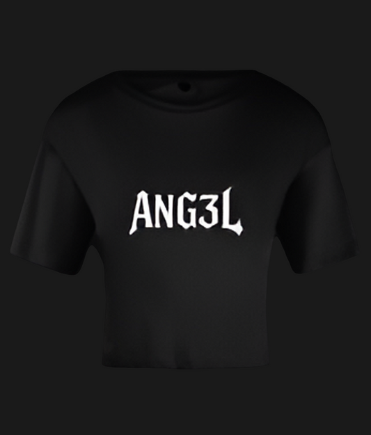 Black ANG3L Autumn Crop Top with bold white ANG3L logo printed on the front.
