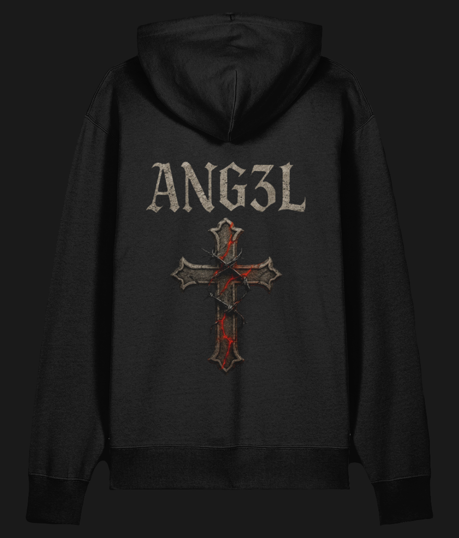 Oversized black hoodie with gothic cracked cross and ANG3L logo – alt streetwear.