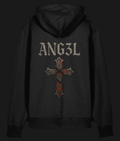 Oversized black hoodie with gothic cracked cross and ANG3L logo – alt streetwear.