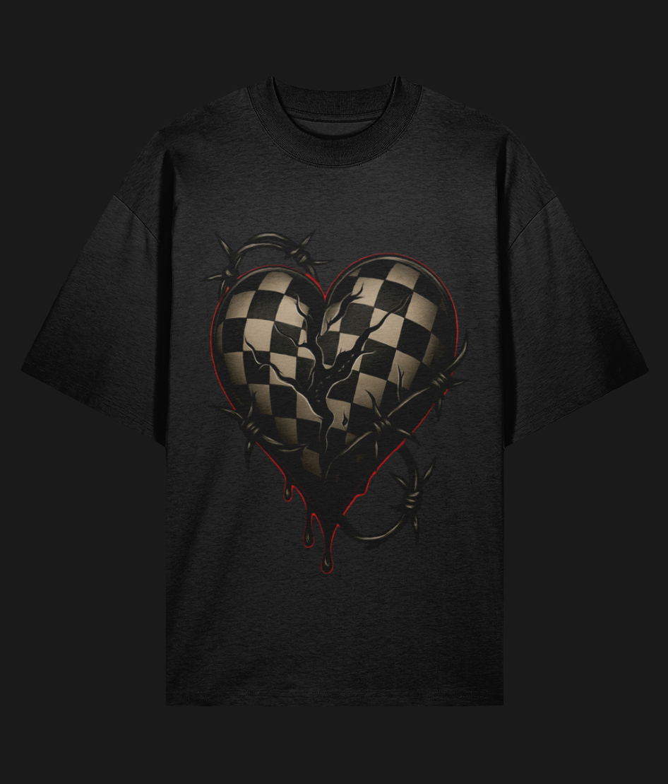 ANG3L Venom Heart black t-shirt with cracked heart graphic, dripping venom and barbed wire design – alt streetwear UK.