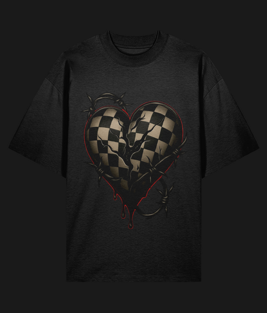 ANG3L Venom Heart black t-shirt with cracked heart graphic, dripping venom and barbed wire design – alt streetwear UK.