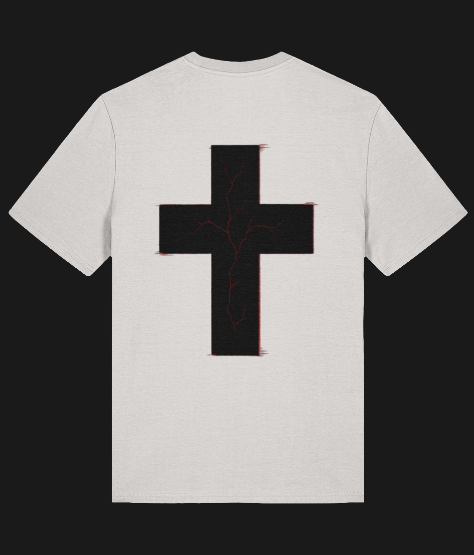 Alternative streetwear off white tee with large black cross design – UK gothic clothing