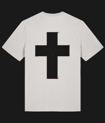 Alternative streetwear off white tee with large black cross design – UK gothic clothing