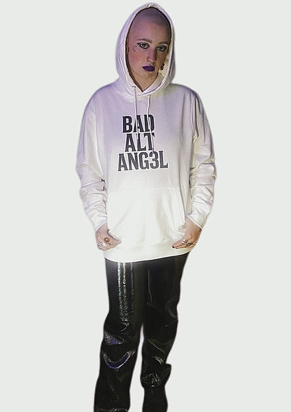 Alternative streetwear hoodie in off-white, gothic black print 'BAD ALT ANG3L', styled with leather trousers
