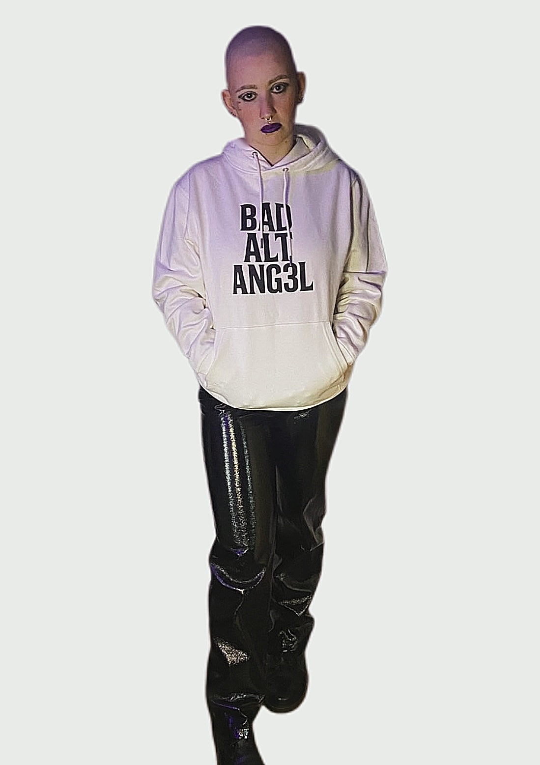 Off-white oversized streetwear hoodie with bold black gothic text 'BAD ALT ANG3L' on the chest, alt fashion style
