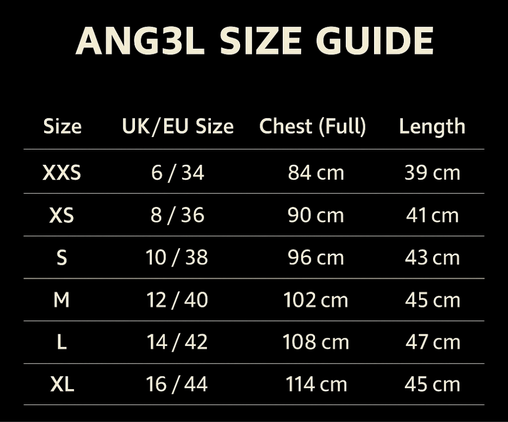 ANG3L size guide chart showing XXS to XL with UK/EU sizes, chest measurements in cm, and length in cm.
