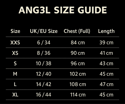ANG3L size guide chart showing XXS to XL with UK/EU sizes, chest measurements in cm, and length in cm.
