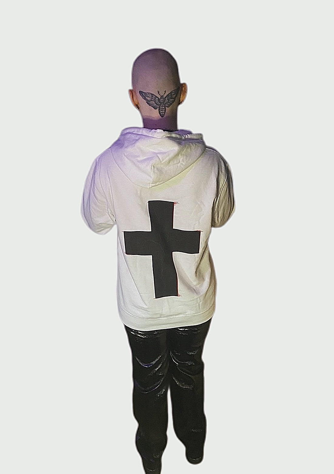 Off-white alt hoodie with large black cross print on the back, unisex alternative streetwear
